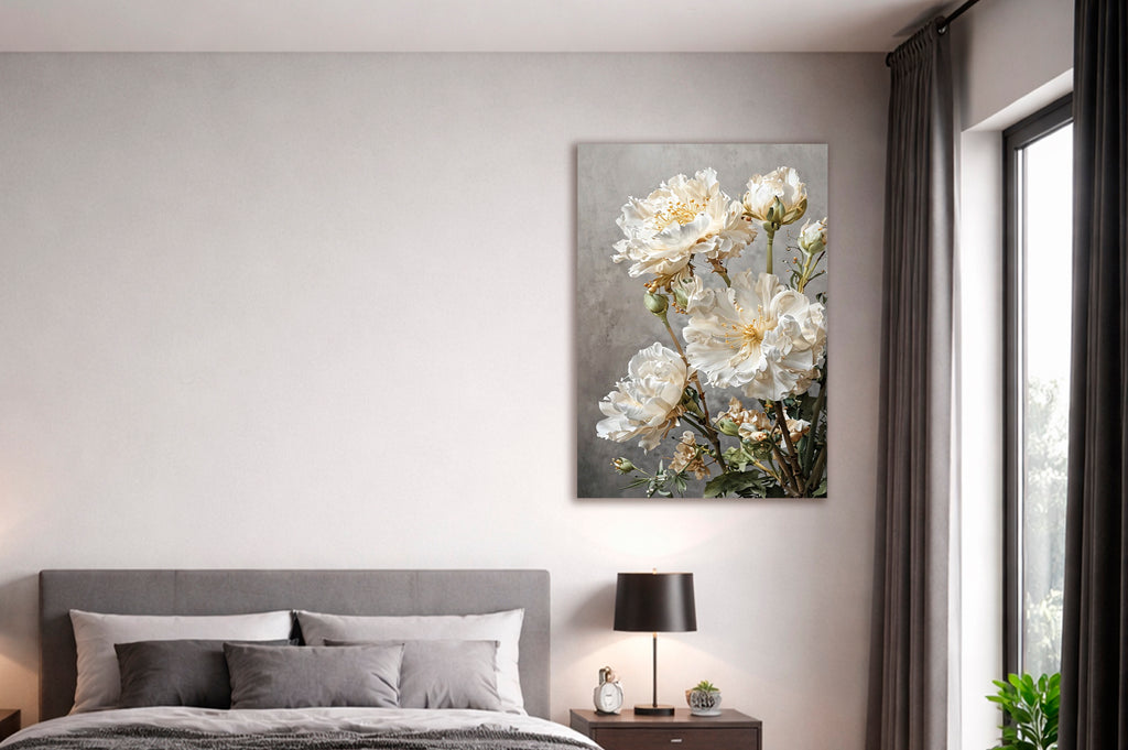 White Peonies on Gray Glass Wall Art in a modern interior