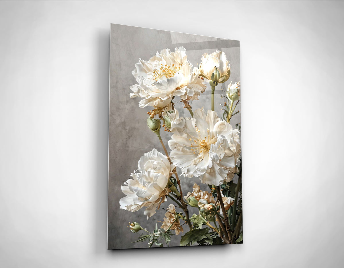 White Peonies on Gray Glass Wall Art close-up