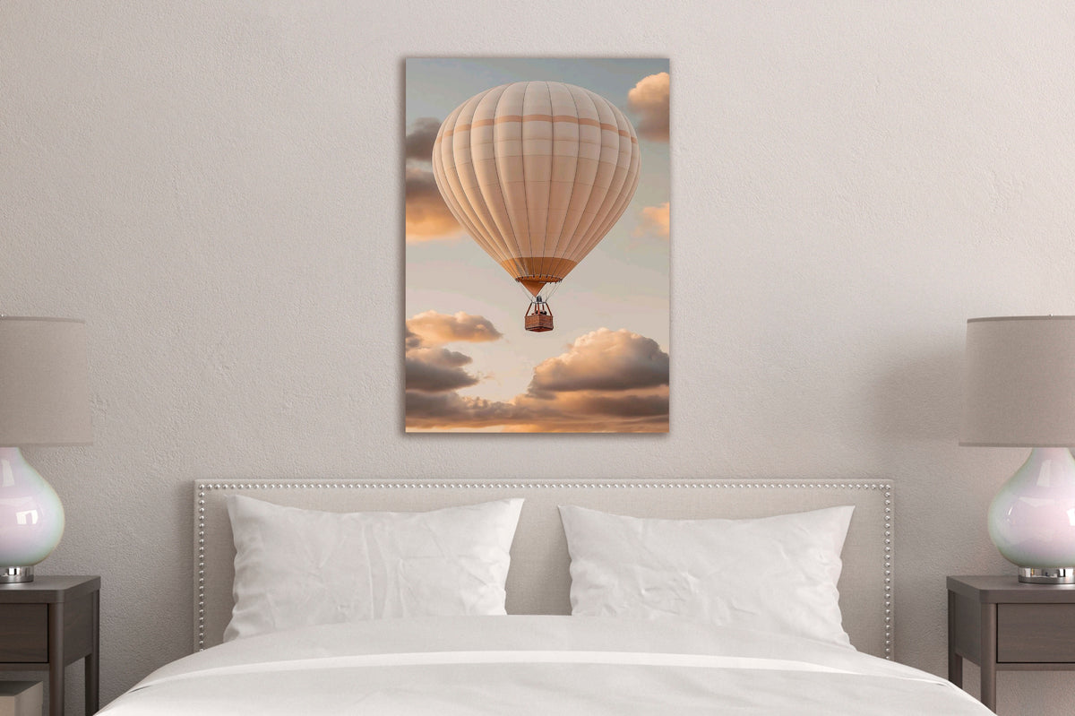 Hot Air Balloon in Peach Clouds Glass Wall Art in a modern interior