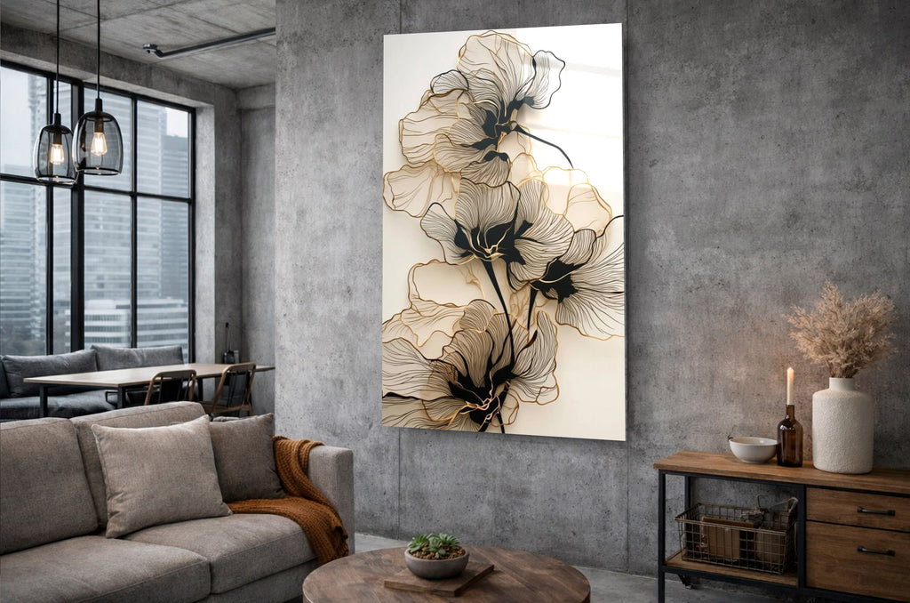 Gold Line Art Flowers Glass Wall Art in a living room interior