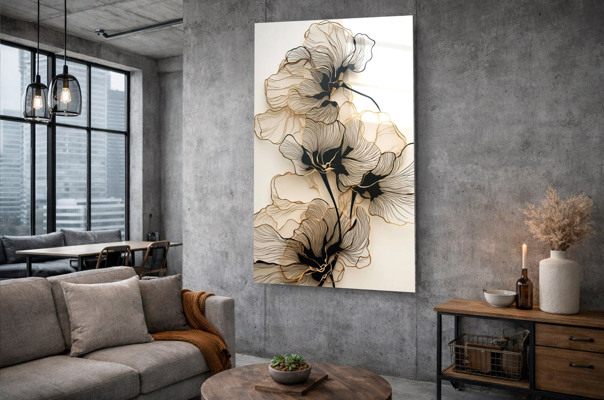 Gold Line Art Flowers Glass Wall Art in a living room interior