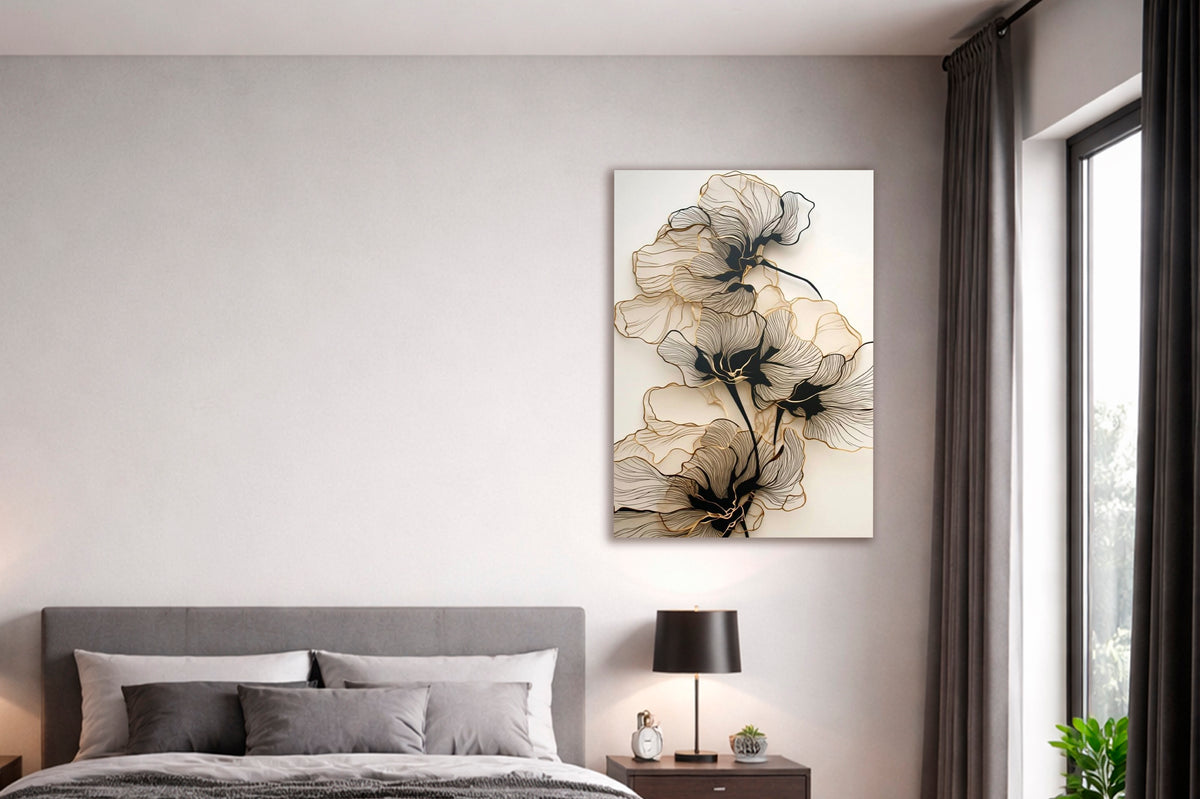 Gold Line Art Flowers Glass Wall Art in a modern interior