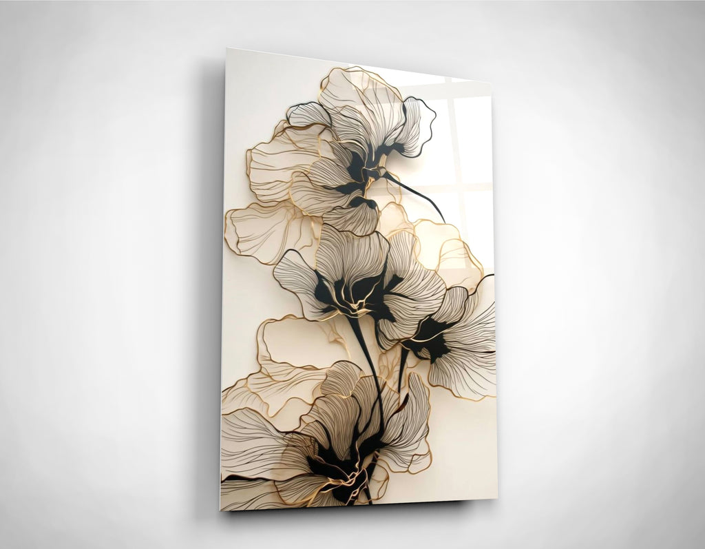 Gold Line Art Flowers Glass Wall Art close-up