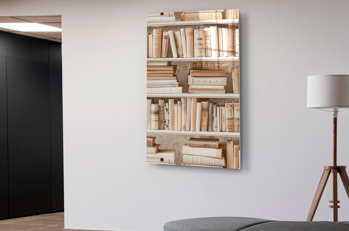 Vintage Cream Bookshelf Glass Wall Art in a living room interior