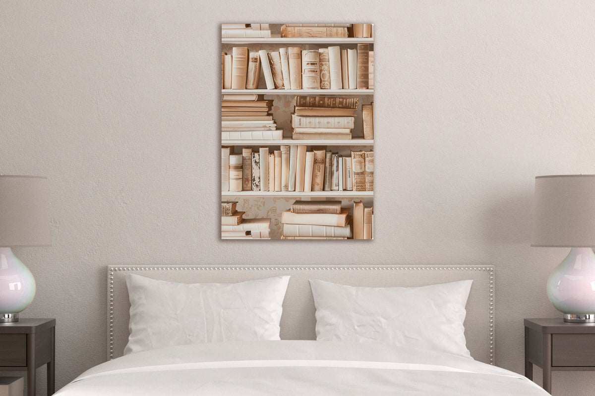 Vintage Cream Bookshelf Glass Wall Art in a modern interior