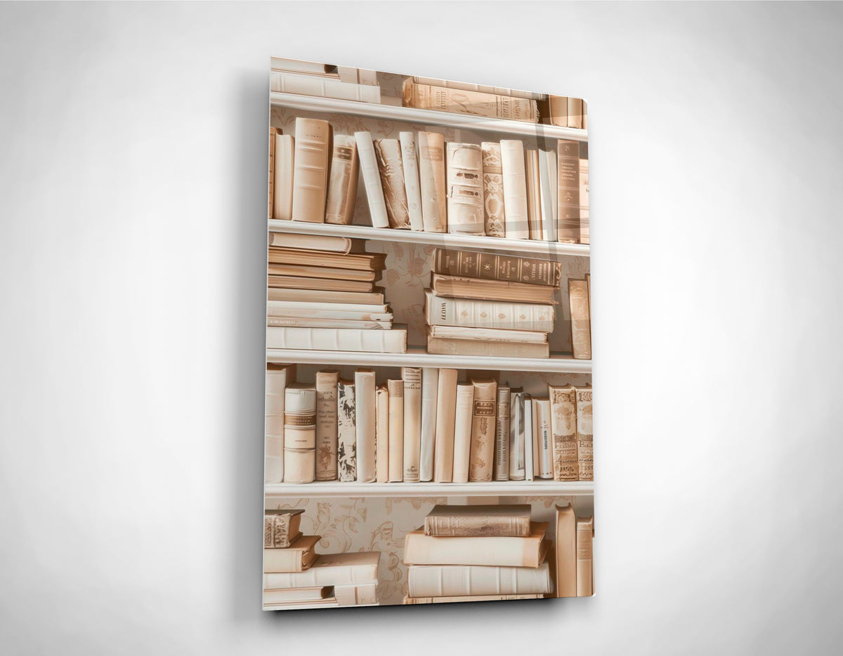 Vintage Cream Bookshelf Glass Wall Art close-up