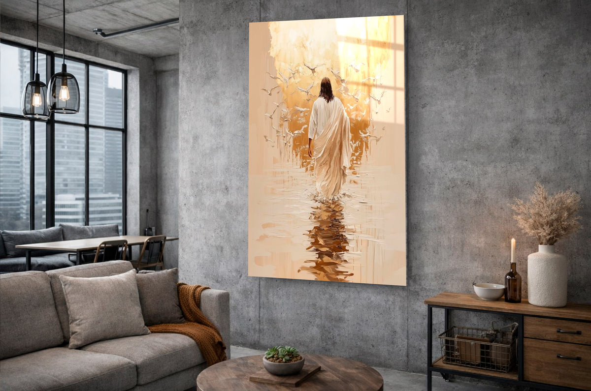 Jesus Walking on Water Glass Wall Art in a living room interior