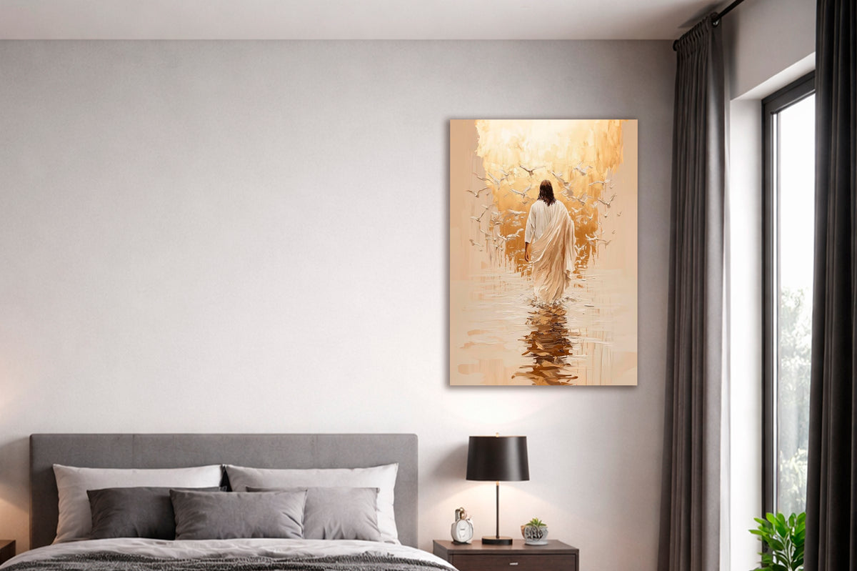 Jesus Walking on Water Glass Wall Art in a modern interior
