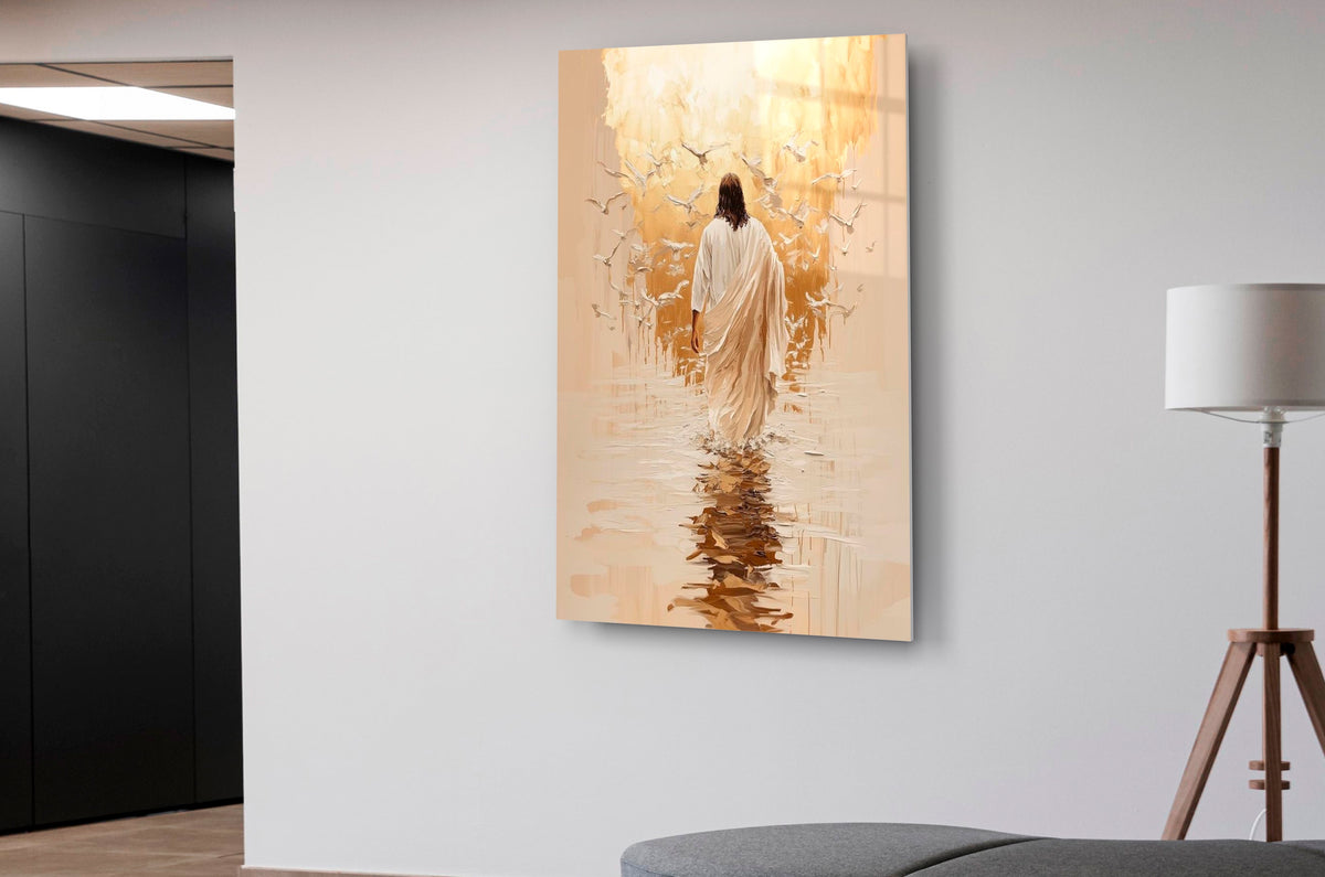 Jesus Walking on Water Glass Wall Art on the wall
