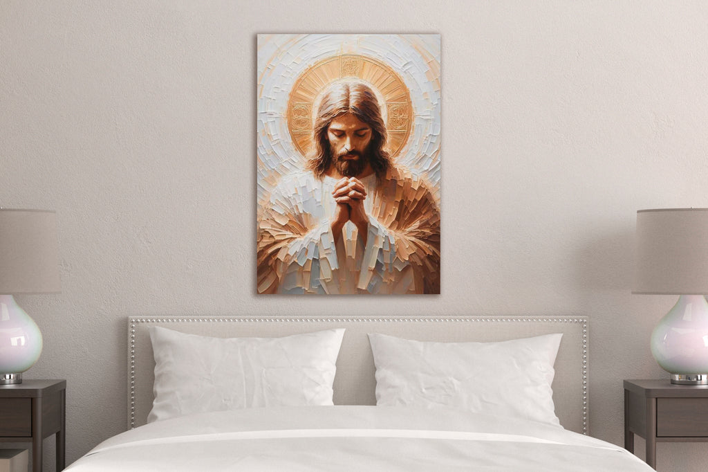 Praying Jesus Golden Halo Glass Wall Art in a living room interior