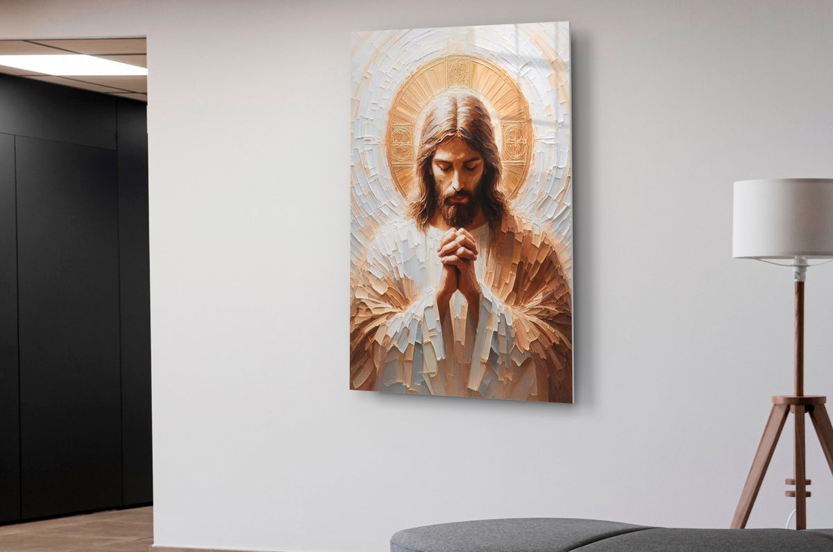 Praying Jesus Golden Halo Glass Wall Art in a modern interior