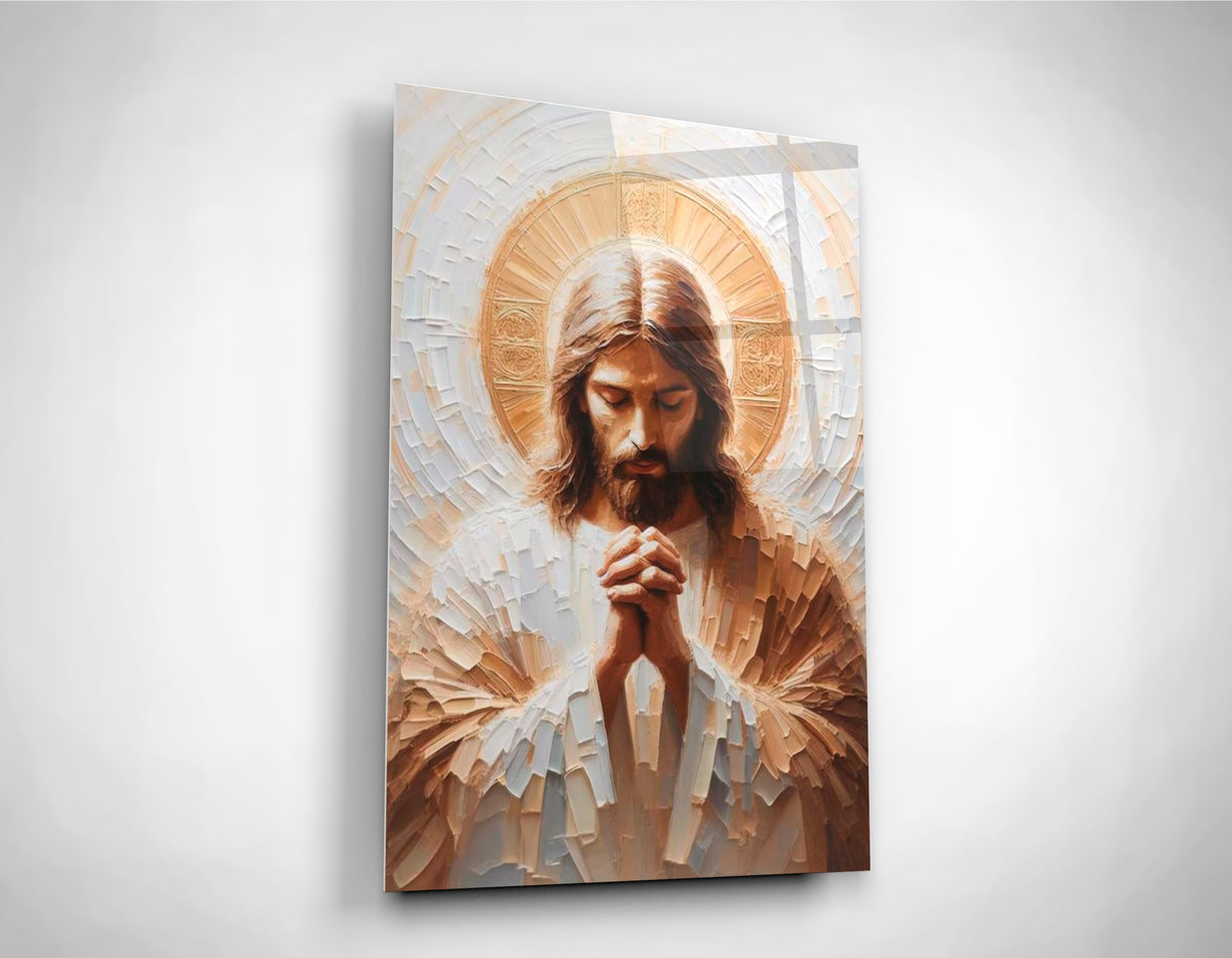 Praying Jesus Golden Halo Glass Wall Art close-up