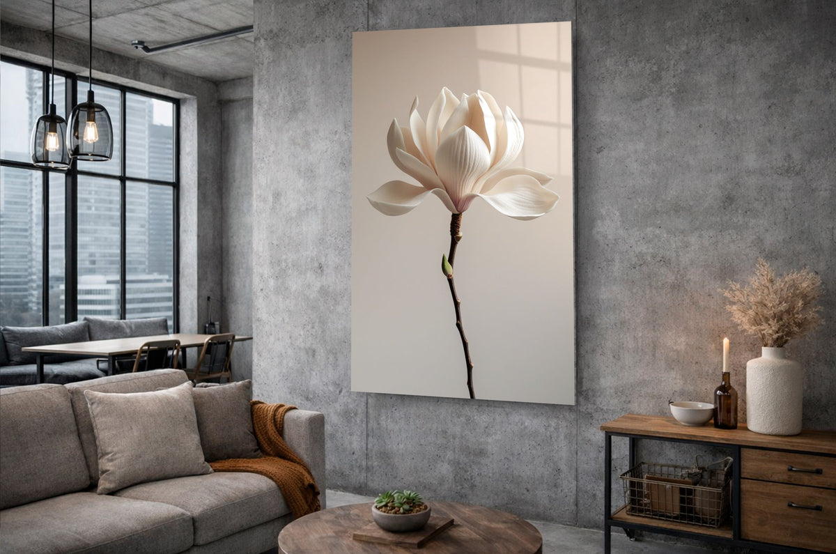 White Magnolia Blossom Glass Wall Art in a living room interior