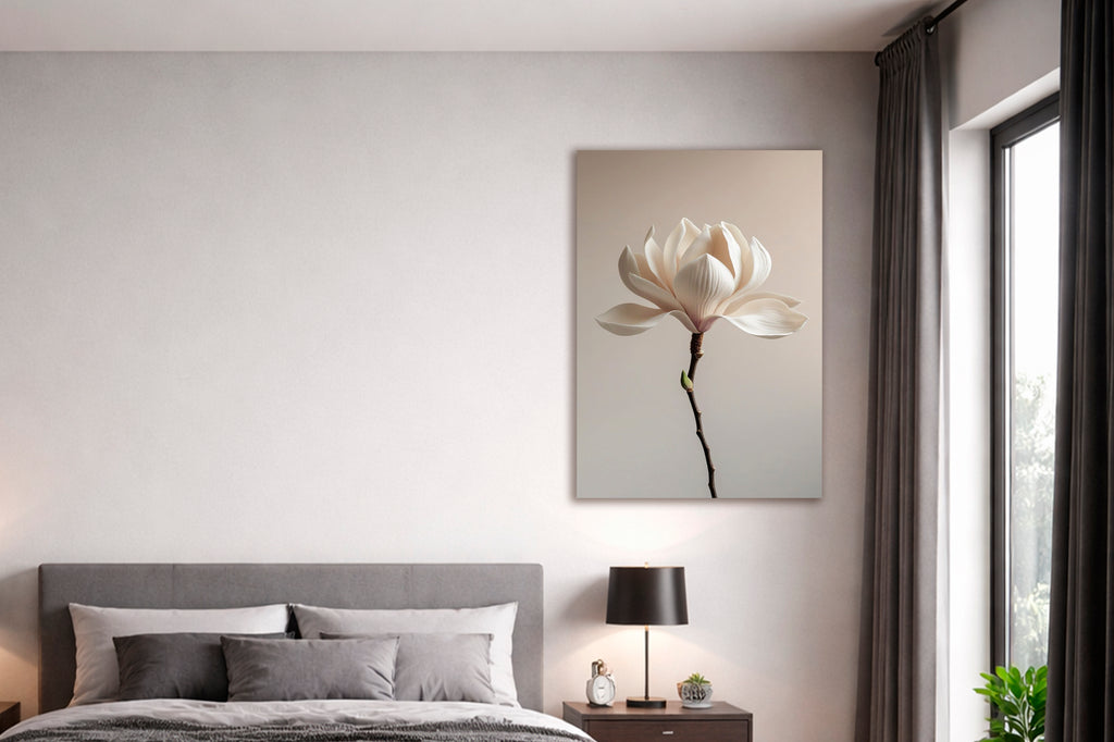 White Magnolia Blossom Glass Wall Art in a modern interior