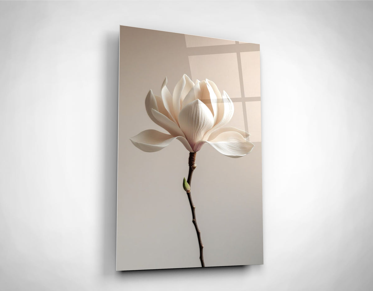 White Magnolia Blossom Glass Wall Art close-up
