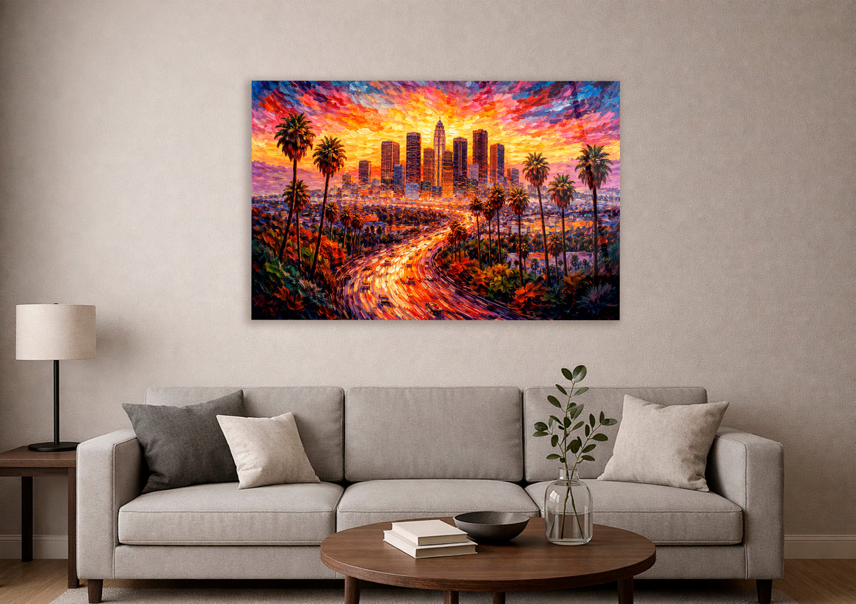 Los Angeles Sunset Impressionist Skyline Glass Wall Art in a living room interior