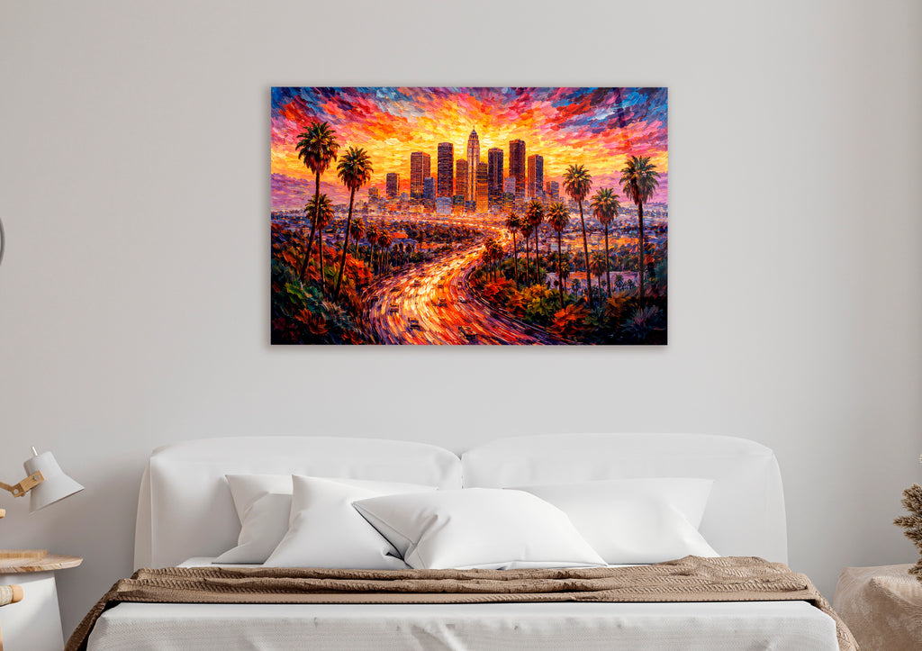 Los Angeles Sunset Impressionist Skyline Glass Wall Art in a modern interior