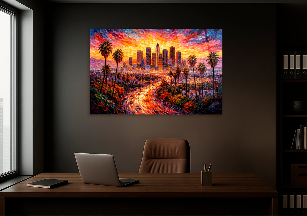 Los Angeles Sunset Impressionist Skyline Glass Wall Art on the wall