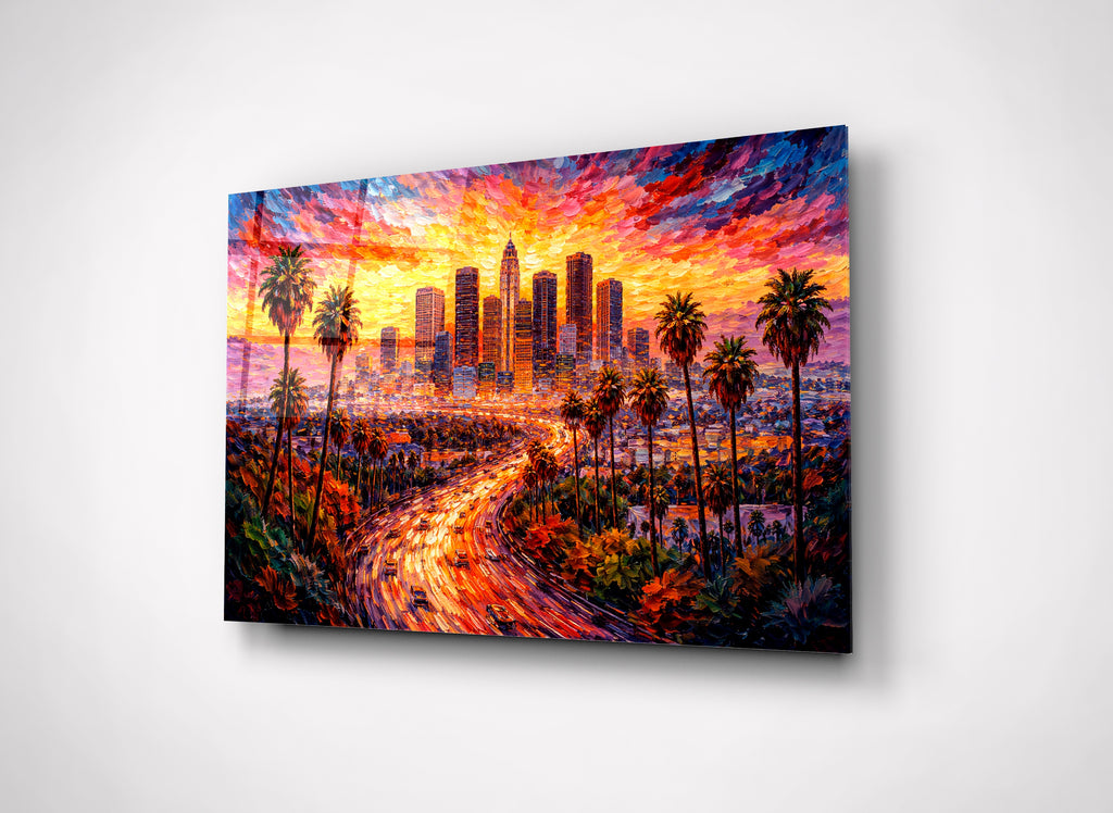 Los Angeles Sunset Impressionist Skyline Glass Wall Art close-up