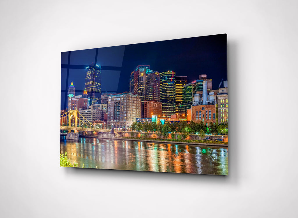 Pittsburgh Skyline Night River Reflections Glass Wall Art close-up