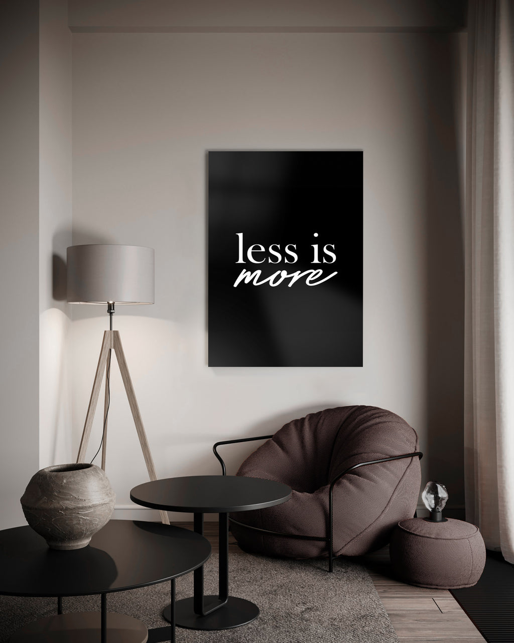 Less Is More Minimalist Quote Glass Wall Art in a modern interior