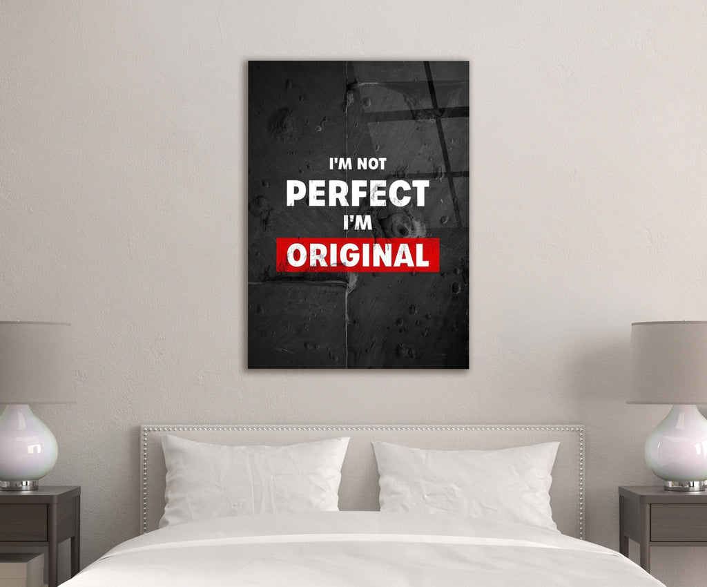 I'm Not Perfect I'm Original Quote Glass Wall Art in a living room interior